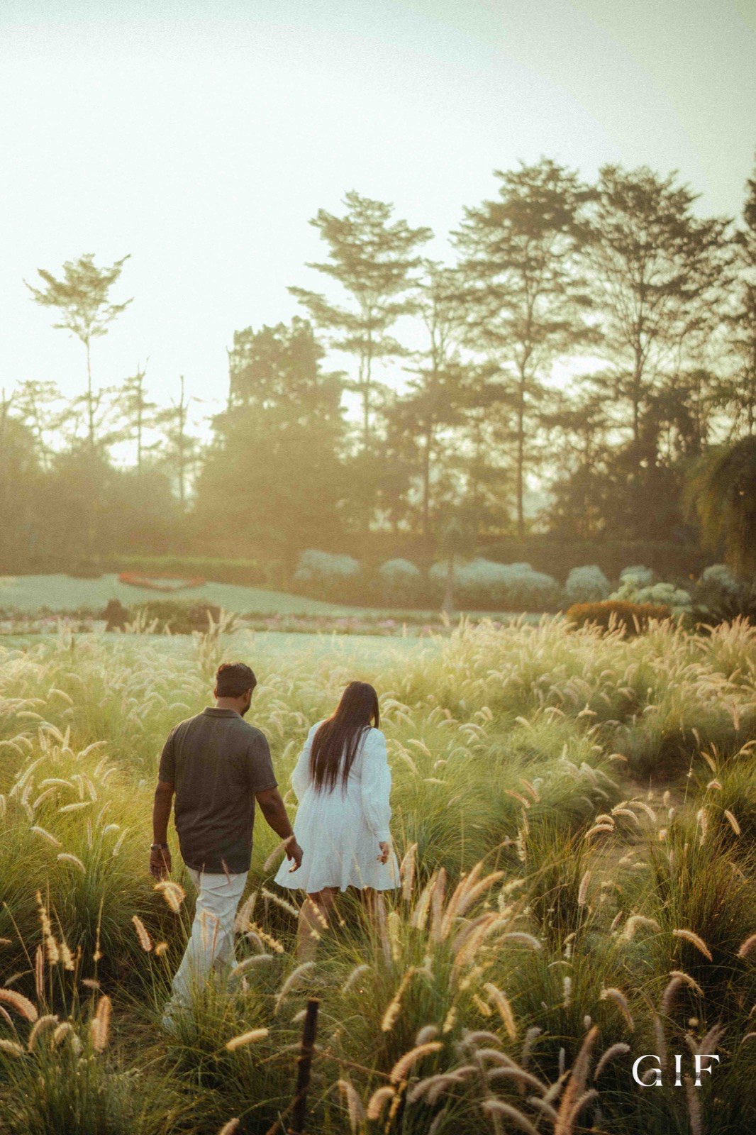 Dhruvin and Diksha walking through a sunlit field